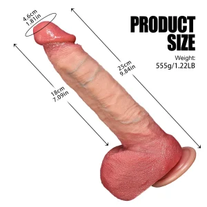Technical drawing of LM331 dildo showing 25cm length and 555g weight details