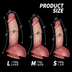 Comparison of Small Medium and Large realistic dildos with weight and length dimensions
