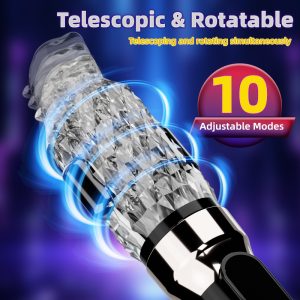 QR11052 male sex toy with telescopic and rotatable features, showing 10 adjustable modes for simultaneous telescoping and rotating action.