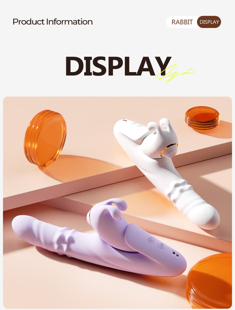 Product display of white and purple rabbit vibrators with orange accessories, showcasing the design and color options for the adult pleasure device.