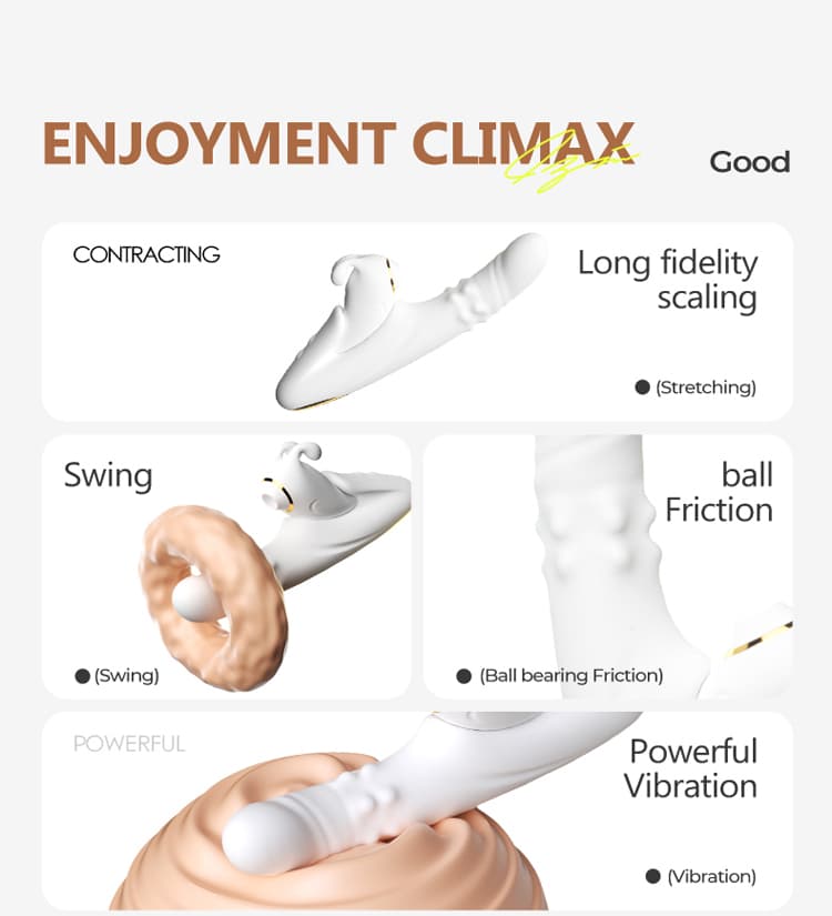 Features of the rabbit vibrator for enjoyment climax, including contracting (stretching), swing motion, ball friction, and powerful vibration functions.