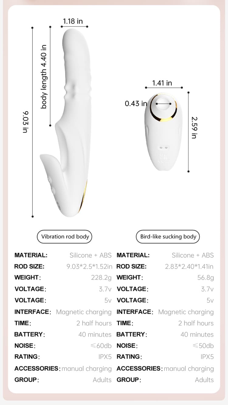 Detailed specifications of the vibrating rod body and bird-like sucking body, including material (Silicone + ABS), size, weight, voltage, magnetic charging interface, battery time, noise level, and IPX5 rating for adult use.