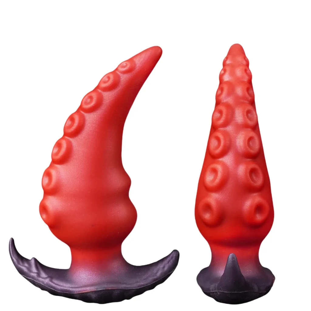 Dual-tone red and black AP4142 Tentacle Anal Plug with suction cup texture.