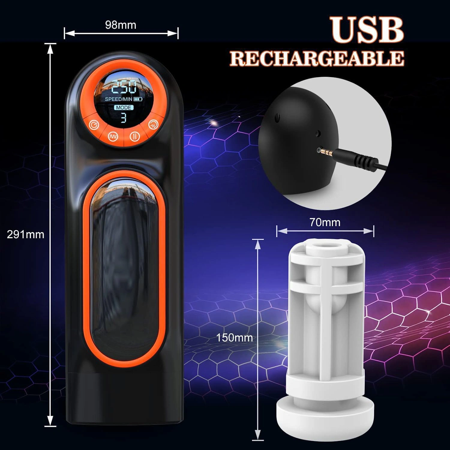 USB rechargeable male masturbator cup specifications, featuring 291mm height and detachable internal sleeve for easy cleaning.