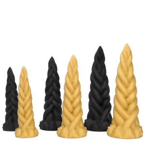 Extra large fantasy monster dildo series in black and gold colors for specialty adult toy retailers.