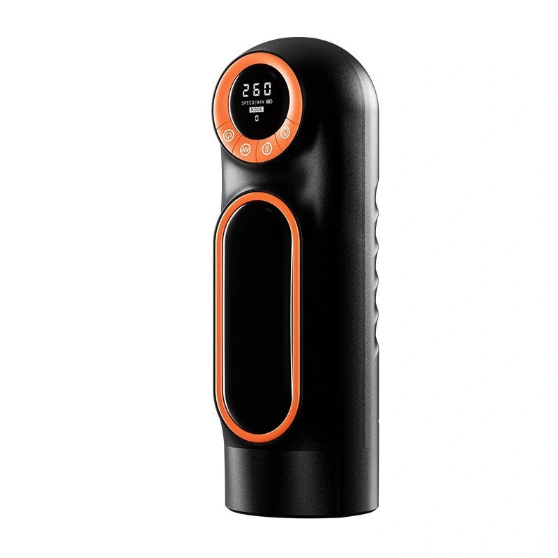 Sleek black and orange automatic male masturbator device with LED display for adult product brand owners.