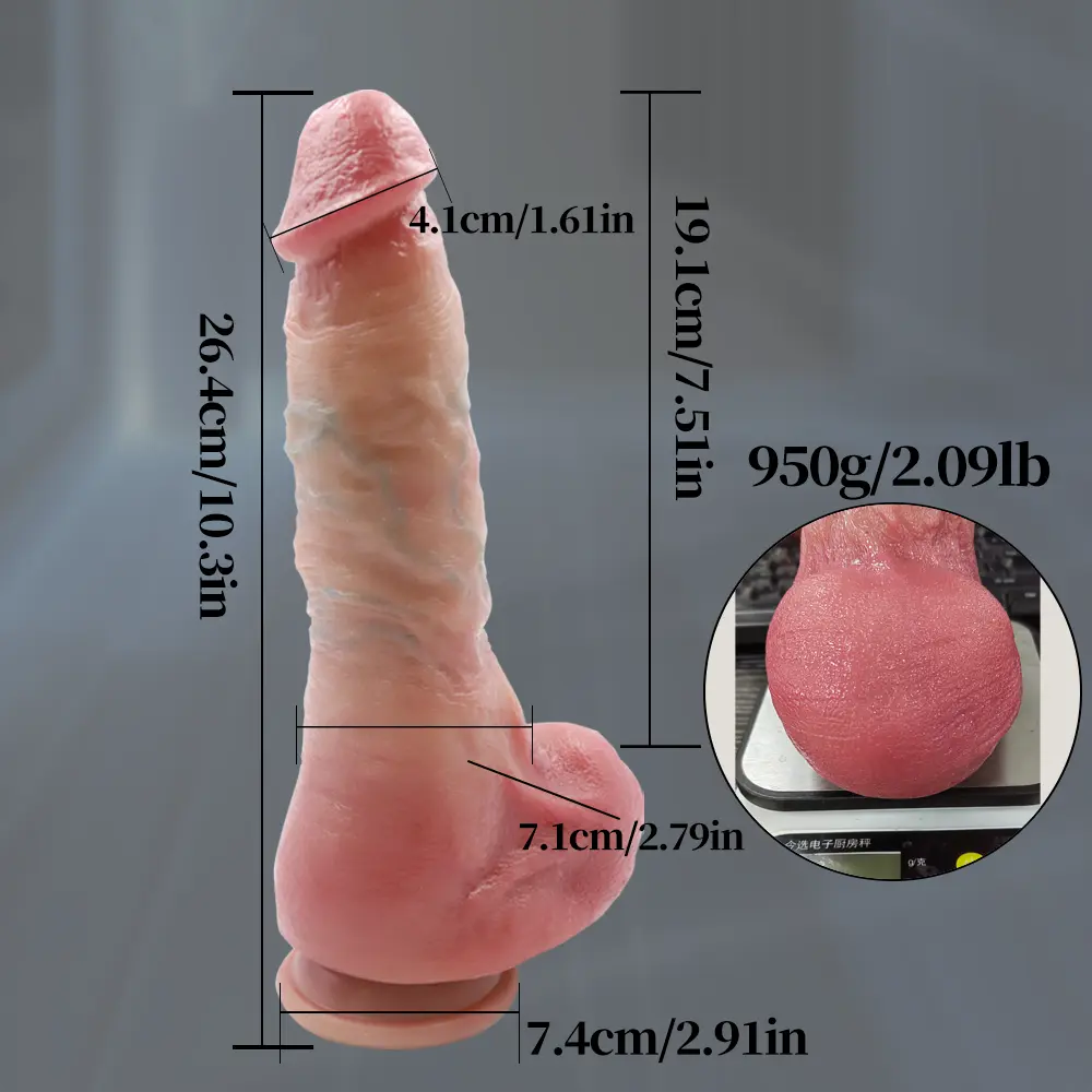 Technical measurements of LM320 dildo showing 25cm length and 735g weight for B2B buyers