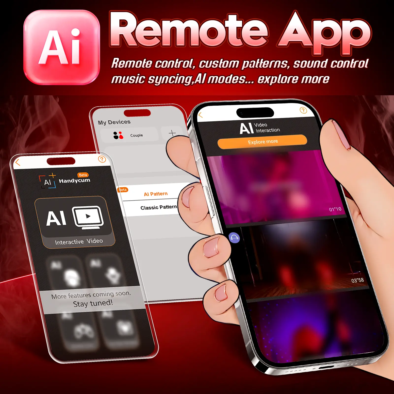 Remote control app interface showing custom patterns and music sync