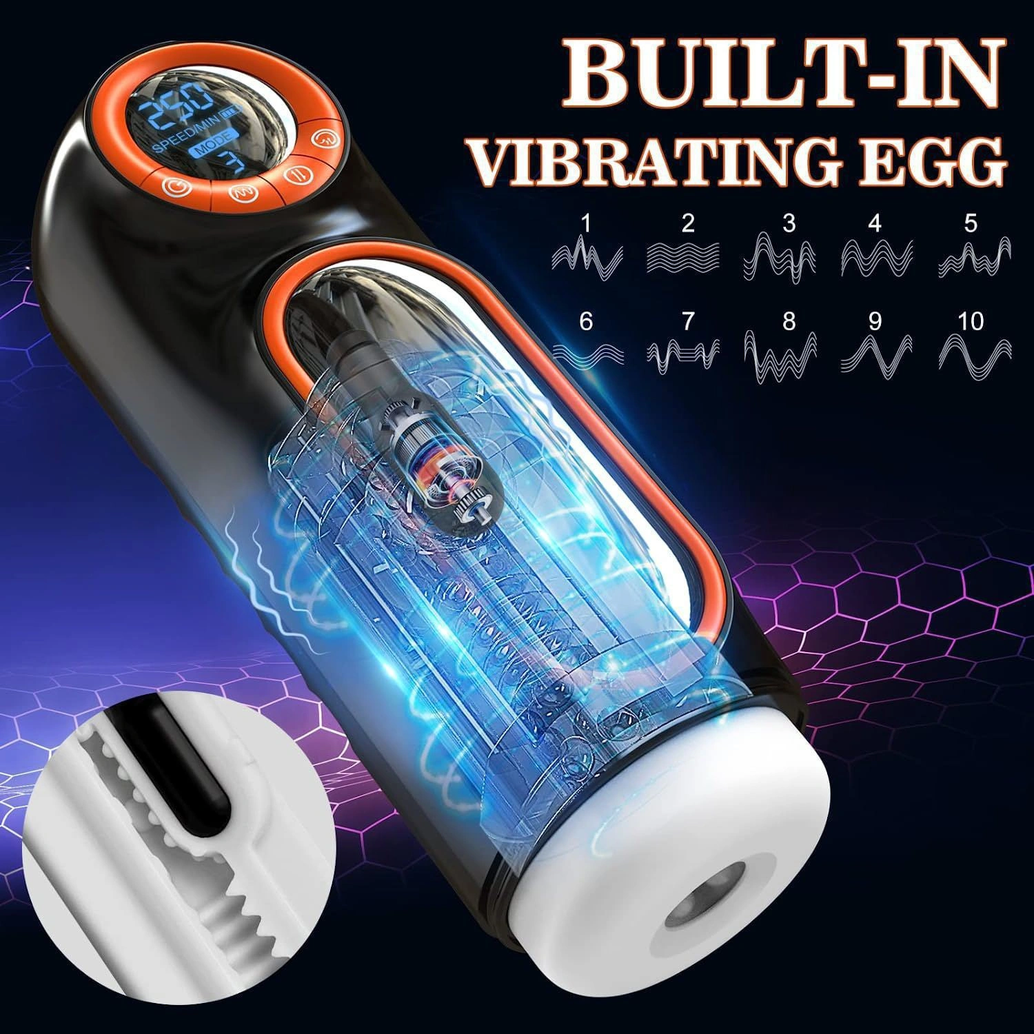 Internal structure of automatic male masturbator showing built-in vibrating egg and multi-frequency pulse modes.