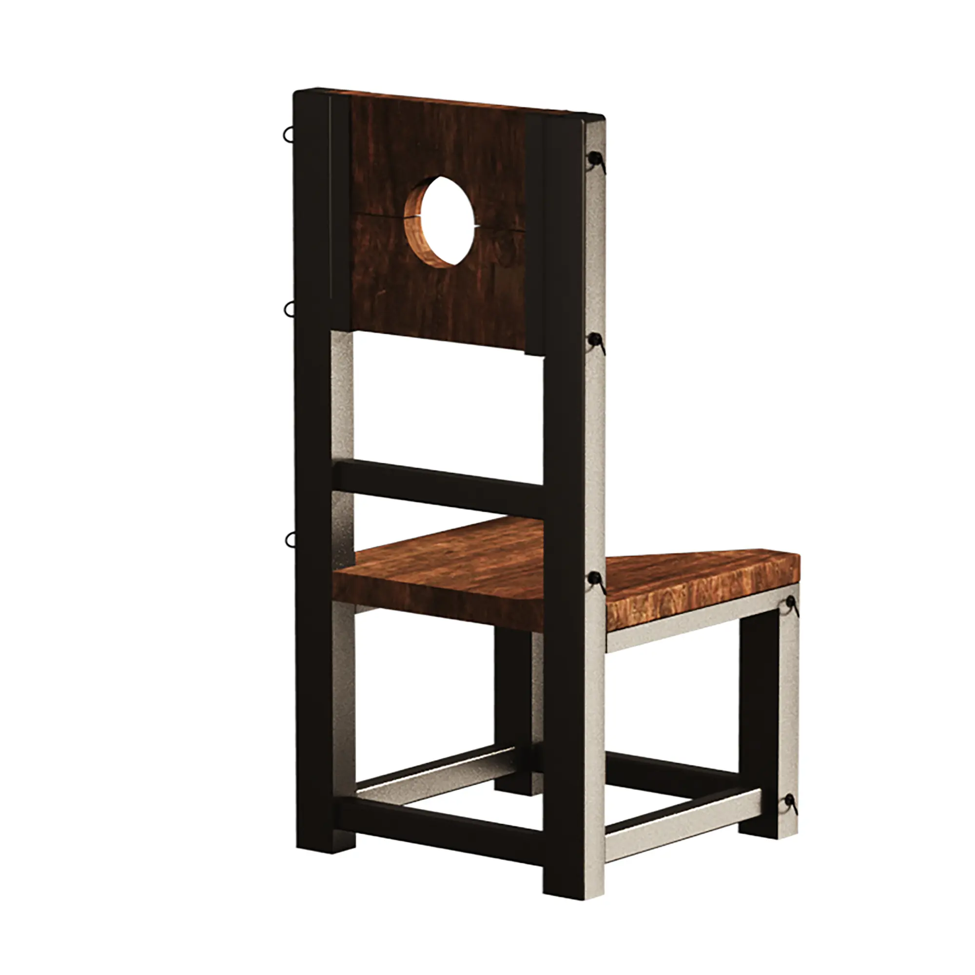 Detailed technical design and assembly diagram of a heavy-duty bondage chair, highlighting the modular carbon steel structure.