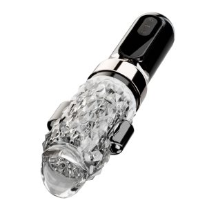QR11052 male sex toy overall view with transparent textured body and black control handle, showcasing its sleek design and functional features.