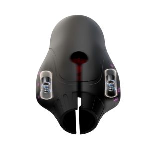 Front view of the QR91054 male masturbator, highlighting its sleek black design, dual motor chambers, and central stimulation channel.
