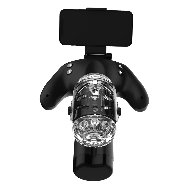 Front view of the TSJA81693, a male pleasure device designed like a game controller with a transparent cup and phone mount.