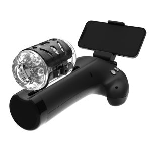 Side view of the TSJA81693 gamepad-style male sex toy, featuring a transparent cup and an integrated phone holder for an immersive experience.