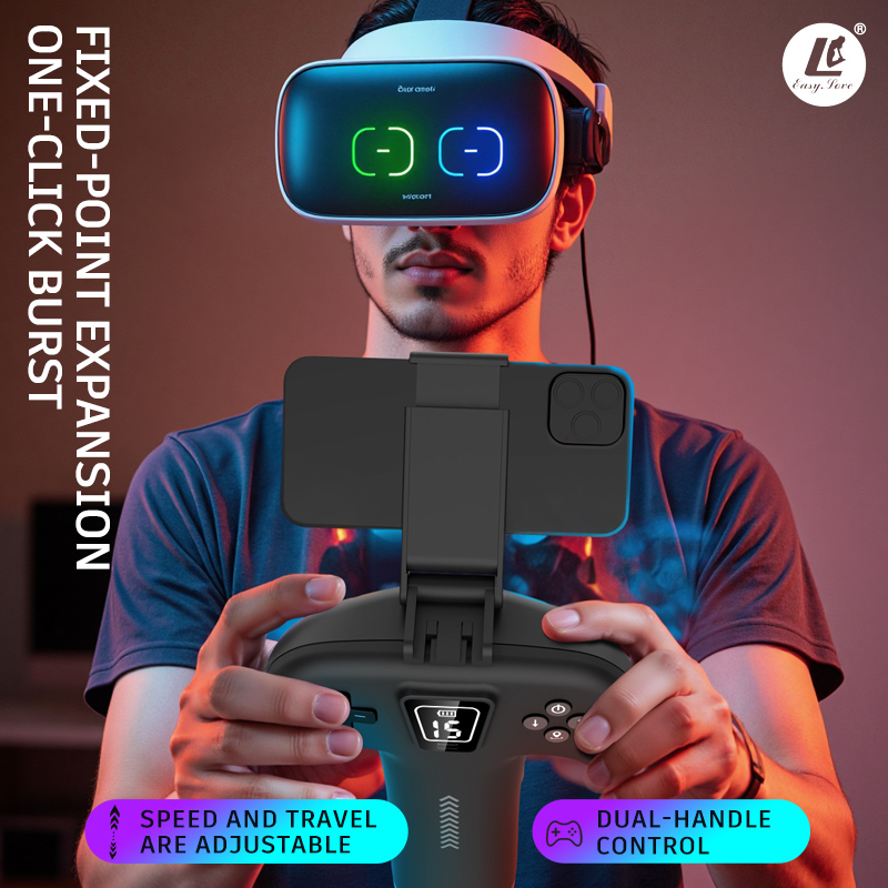A user with a VR headset experiencing the TSJA81693, which features one-click burst, fixed-point expansion, and dual-handle control for adjustable speed and travel.