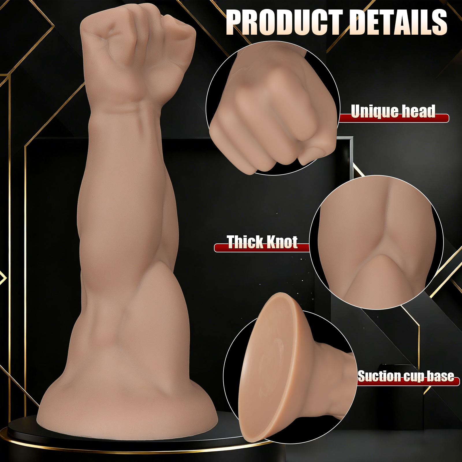 Infographic highlighting unique features: anatomical fist head, thick muscle knot, and high-strength suction cup base.