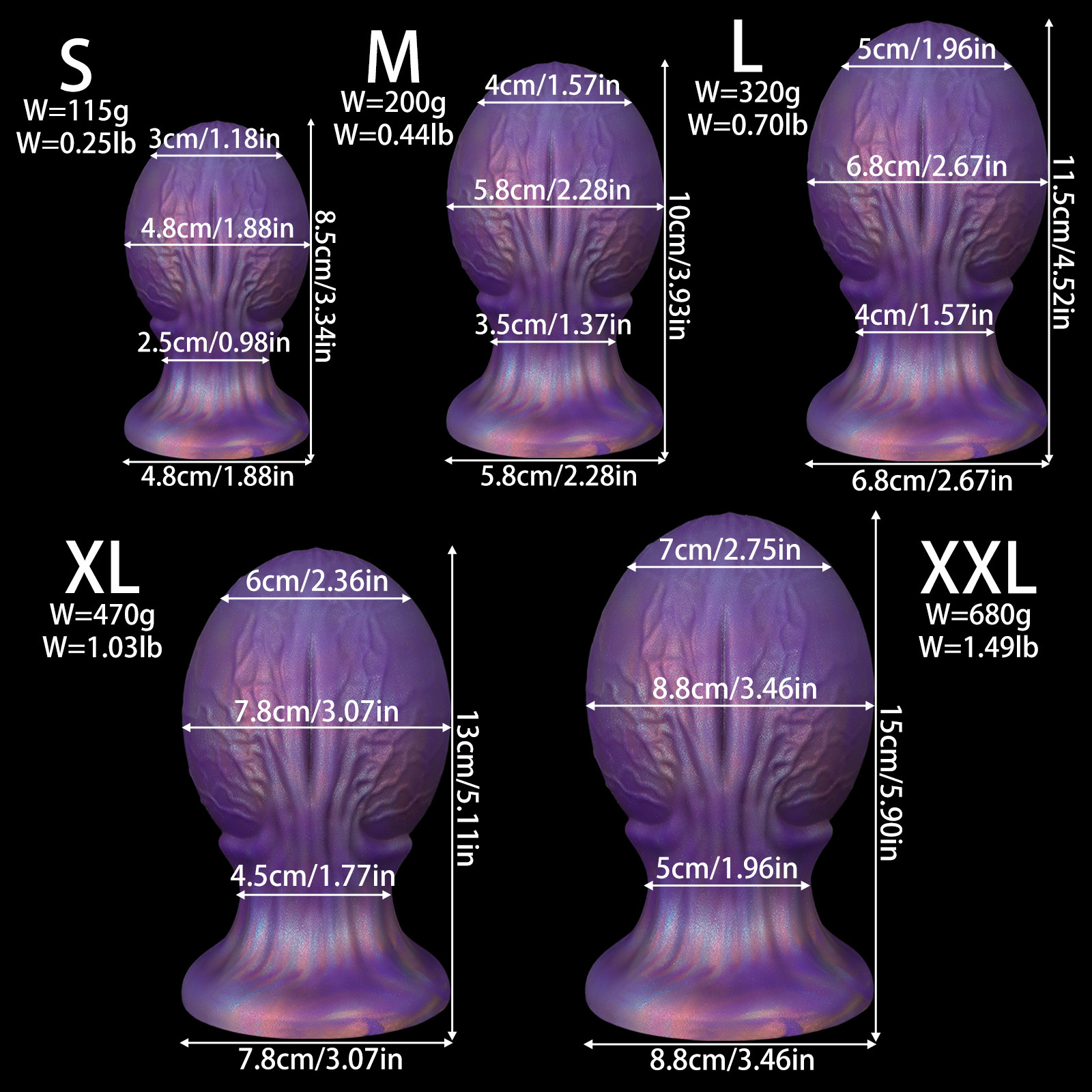 AP5142 Dragon Egg Anal Plug size chart comparison S M L XL XXL with dimensions