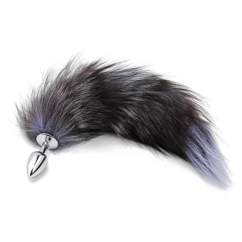 AP5181 Fox Tail Butt Plug with long fluffy black grey tail and metal plug