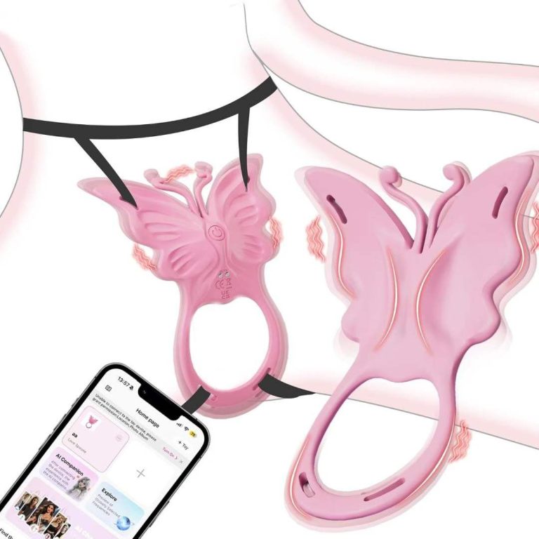 Close-up of pink butterfly vibrating ring with dual stimulation points, paired with a smartphone showing app control interface for customizable vibration settings.