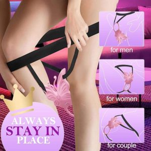 Pink butterfly-shaped wearable vibrating ring with adjustable straps, demonstrated for men, women, and couples. Text "ALWAYS STAY IN PLACE" emphasizes secure fit during use.