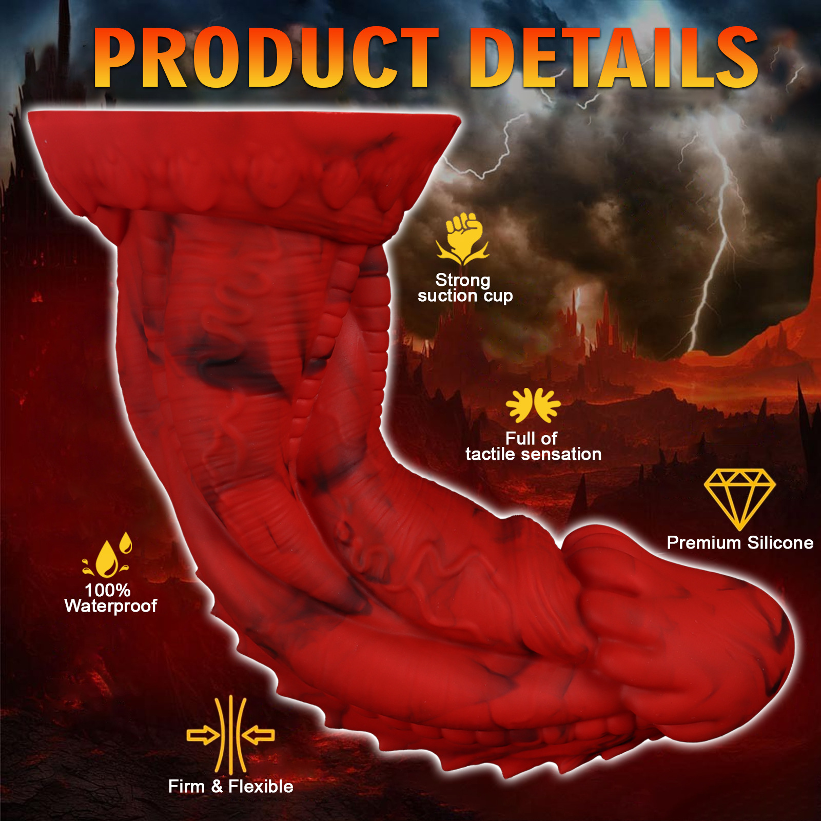 Infographic of the dragon dildo highlighting key features: 100% waterproof, firm & flexible, and premium liquid silicone.