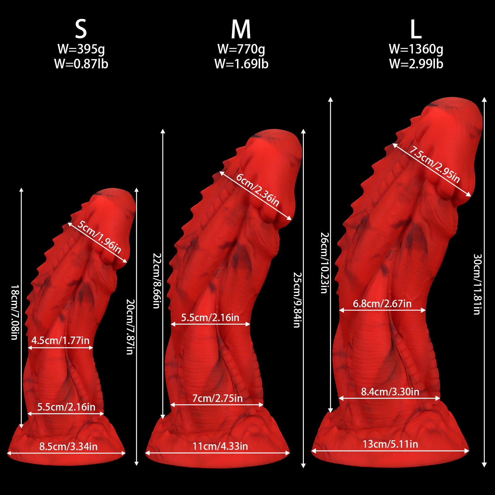 Technical size guide for the Dragon Scale silicone dildo series, comparing weights and dimensions for S, M, and L sizes.