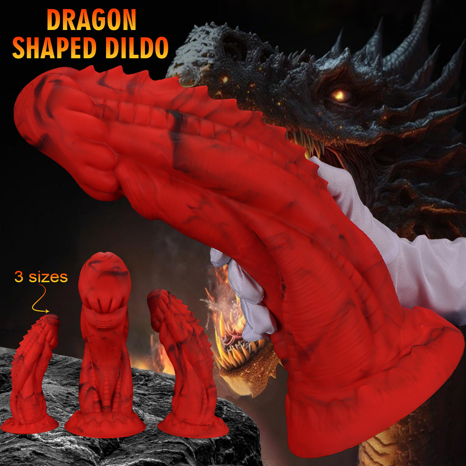 Dramatic promotional image of the dragon-shaped dildo featuring a dragon-scale background to emphasize the mythical theme.