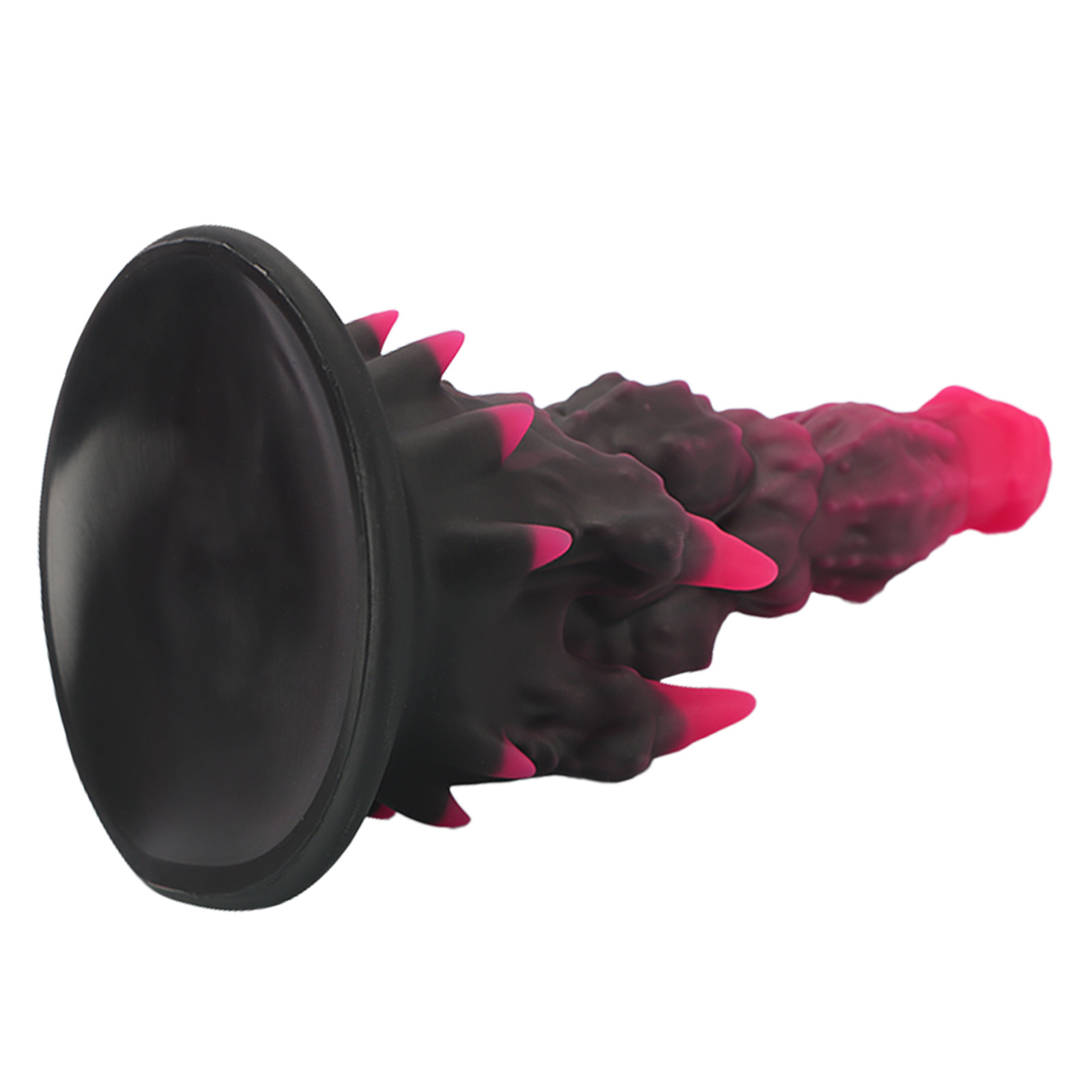 Horizontal studio shot of the FD5122 fantasy dildo showcasing the ergonomic curve and spiked external stimulator.