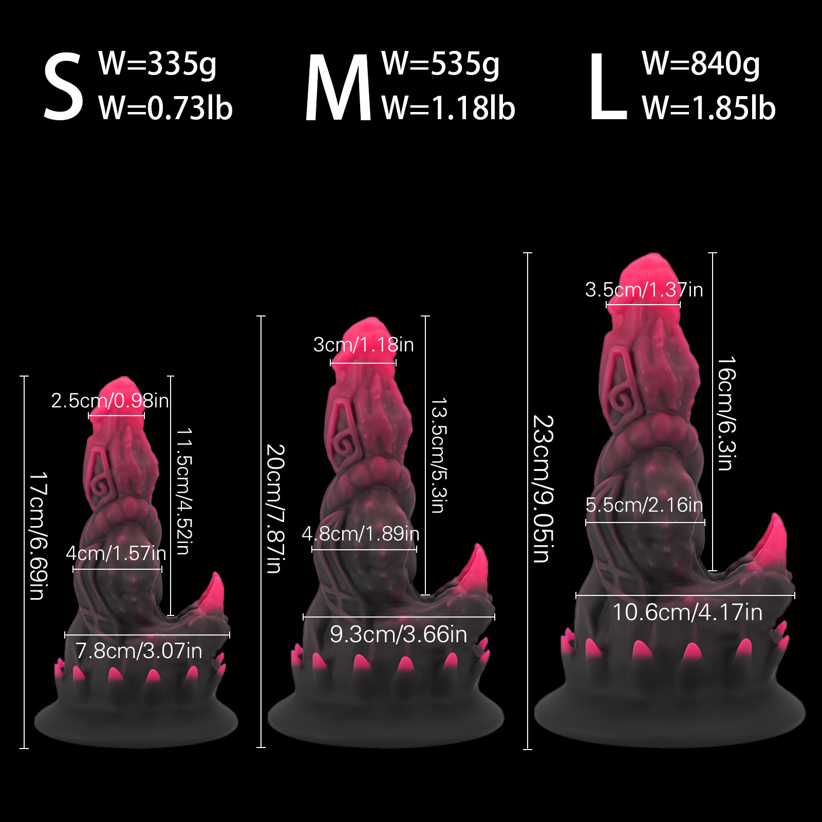 Technical size and weight chart for FD5122 fantasy dildo series showing S, M, and L dimensions.