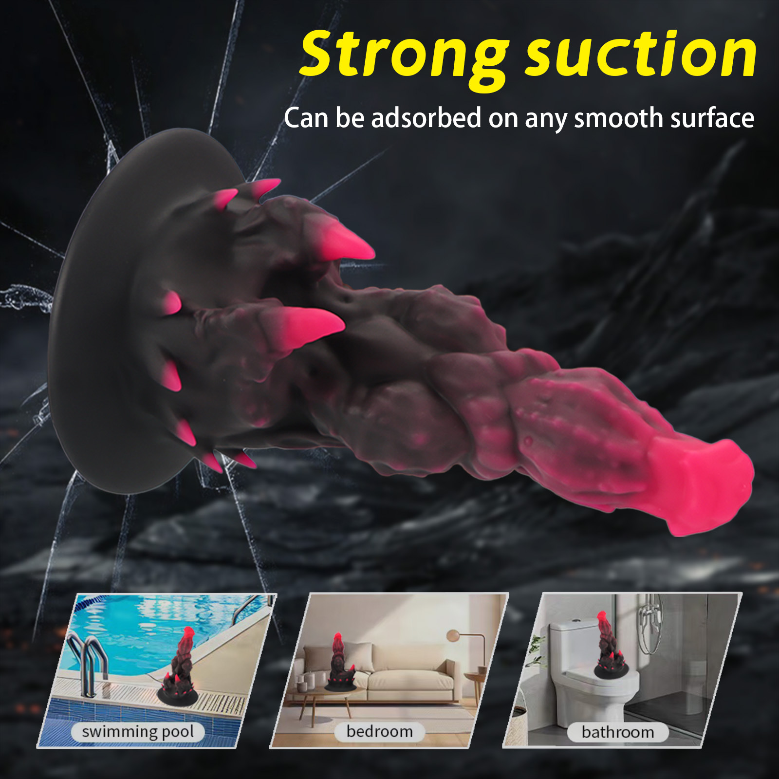 FD5122 spiked dildo with a powerful suction cup base attached to a smooth vertical surface for hands-free play.