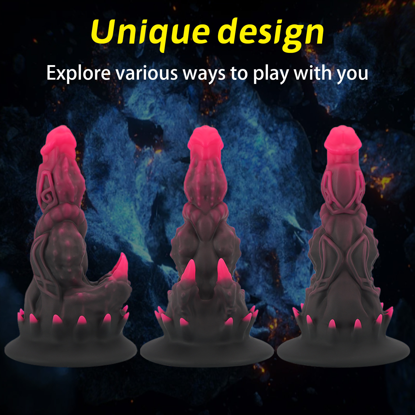 Side view of three FD5122 models highlighting the unique bio-mechanical texture and spiked base.