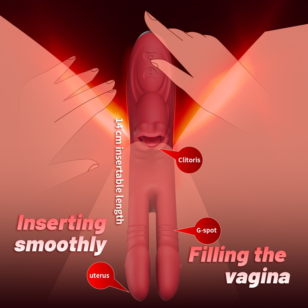 Anatomical demonstration of the vibrator inserting smoothly and filling the vagina, targeting the clitoris, G-spot, and uterus.