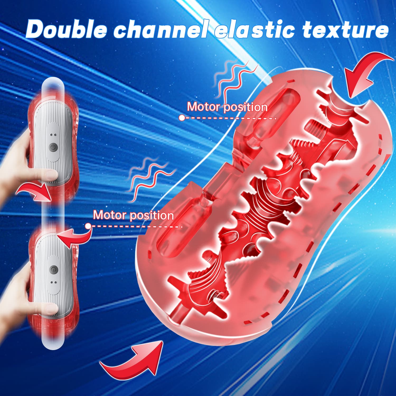 MMA80931 red transparent adult toy with double channel elastic texture, showing motor position for vibration function.