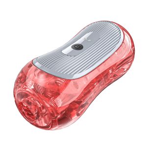 MMA80931 red transparent adult toy with front view, showcasing its ergonomic design and control button.