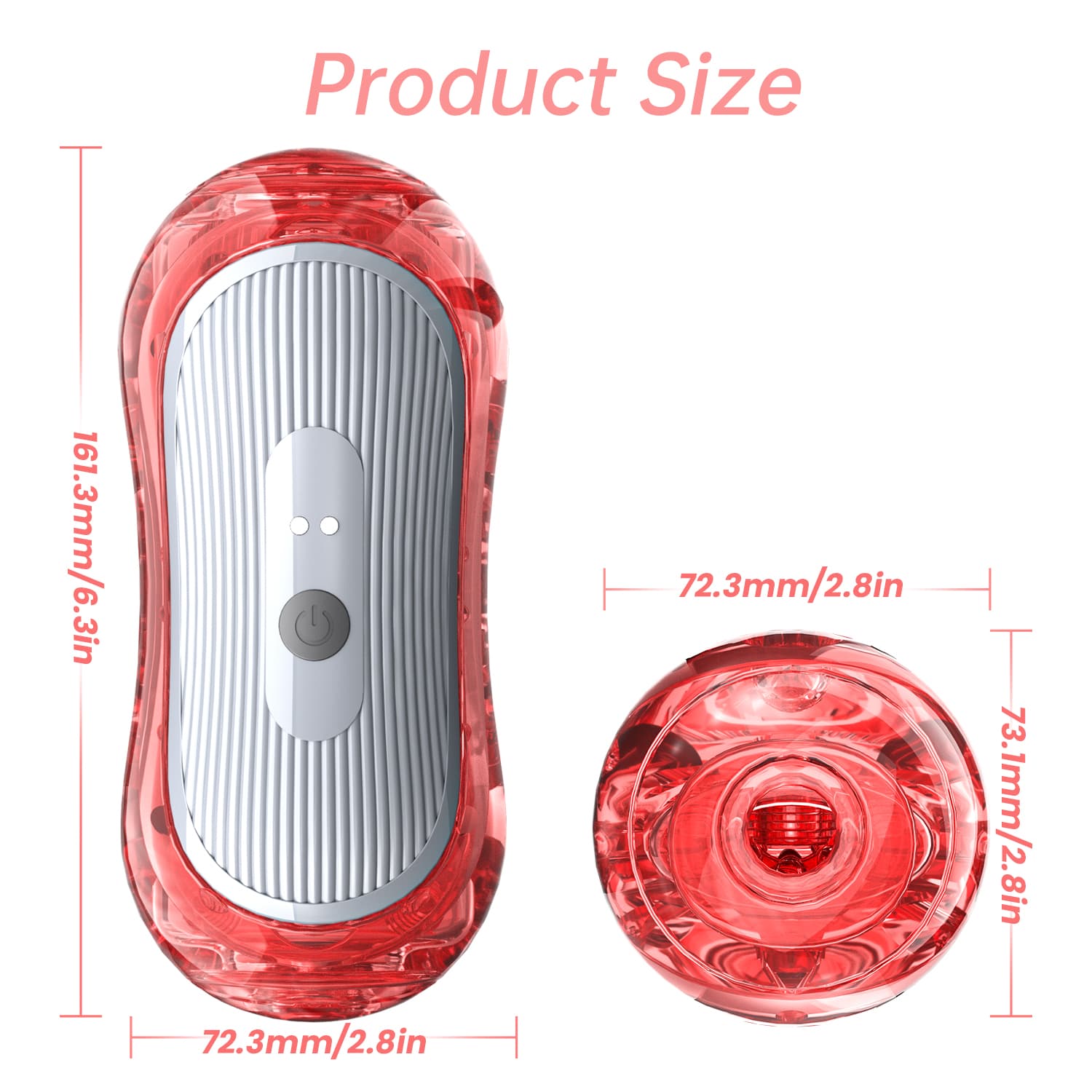 MMA80931 red transparent adult toy with product size details: 161.3mm/6.3in in length and 72.3mm/2.8in in width.