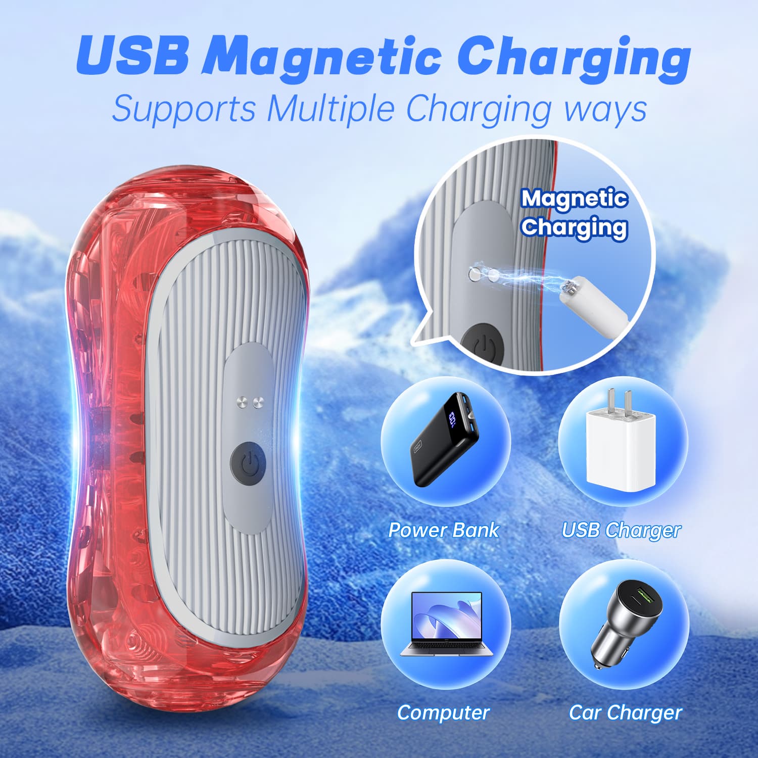MMA80931 red transparent adult toy with USB magnetic charging, supporting multiple charging methods including power bank, USB charger, computer, and car charger.