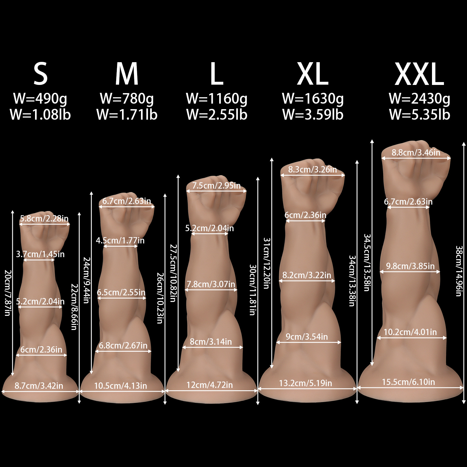 Technical size guide for the muscle fist dildo series, comparing weights and dimensions from S (490g) up to XXL (2430g).