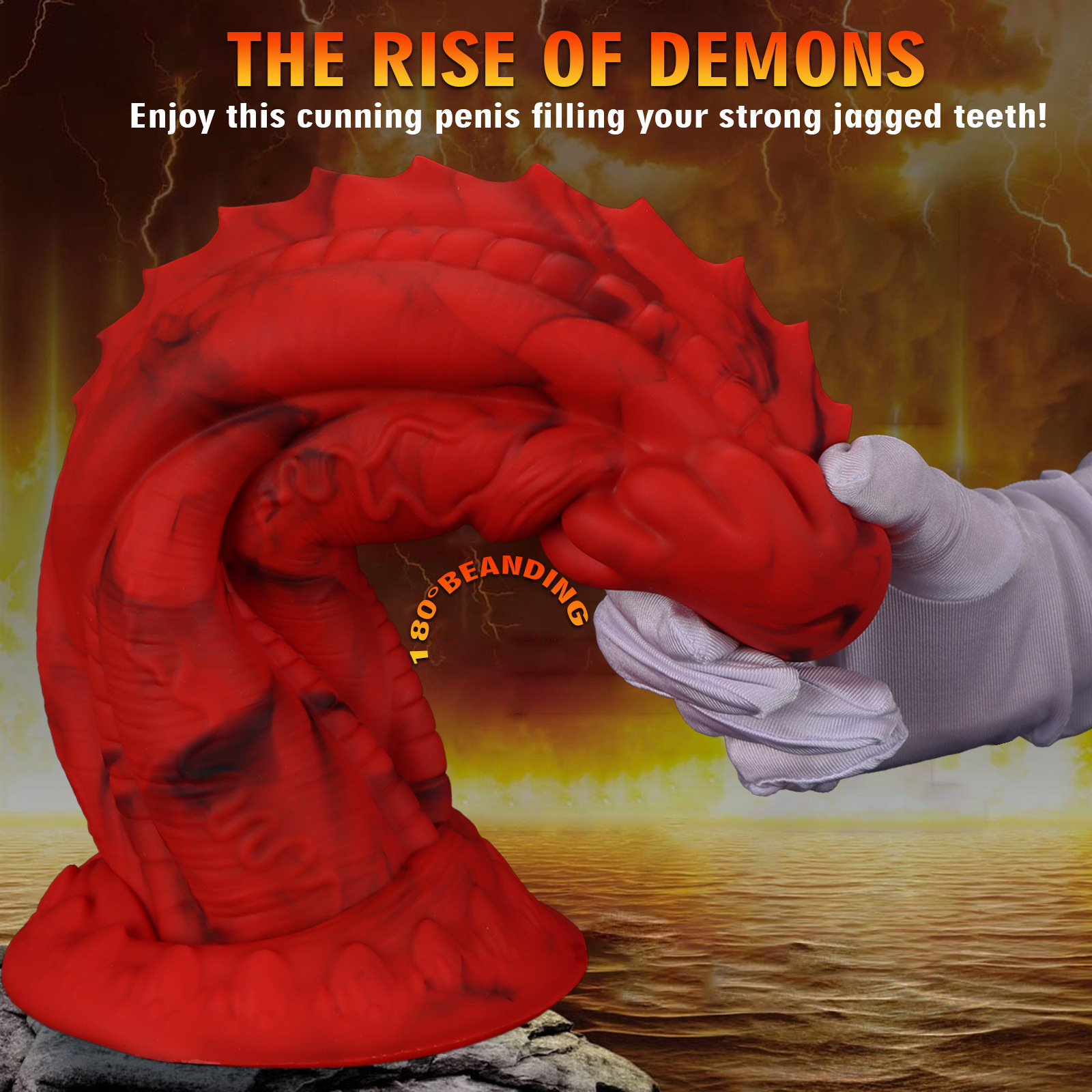 A gloved hand demonstrating the 360-degree flexibility and resilient texture of the red dragon-themed fantasy toy.