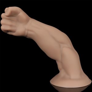 A clear side profile of the clenched fist dildo, showcasing the detailed wrist anatomy and powerful forearm sculpt.