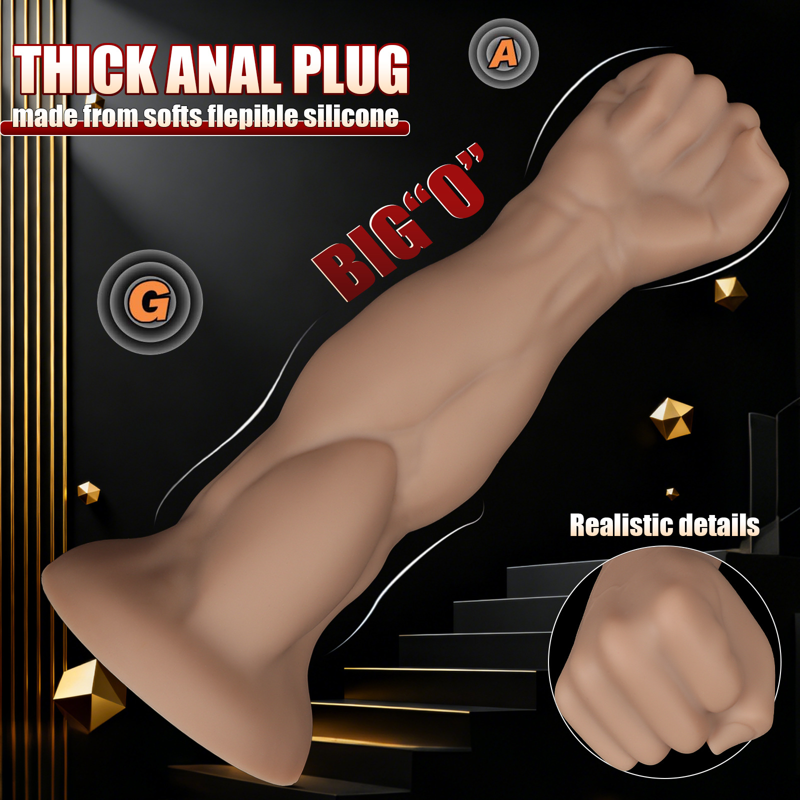 Product detail view emphasizing the realistic forearm musculature and "Big O" sensory design for deep exploration.