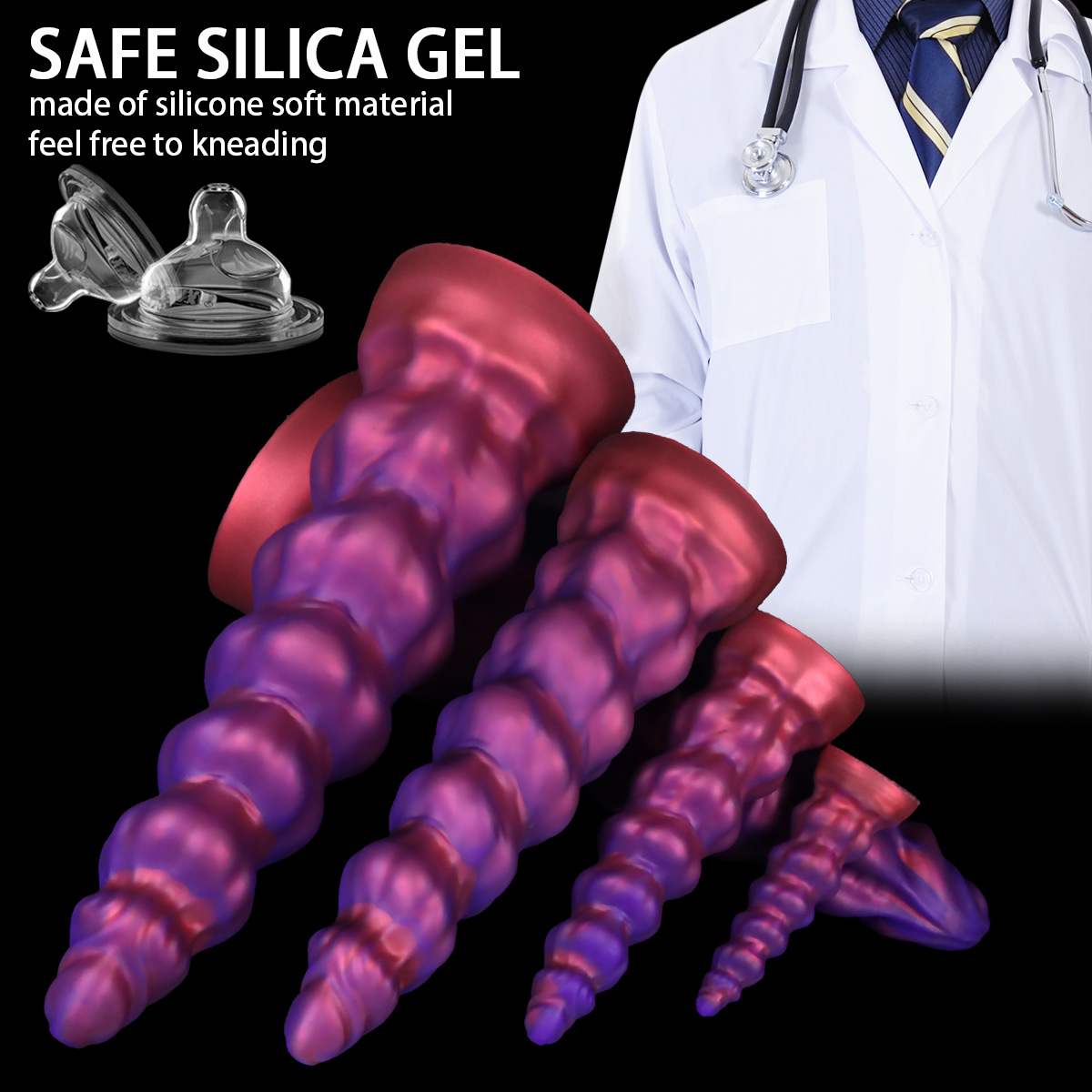 Product lineup featuring a doctor professional background to emphasize the "Safe Silica Gel" medical-grade material.