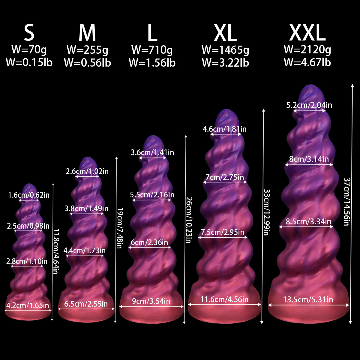 Detailed size and weight comparison for Spiral Pagoda dildos ranging from S (70g) to XXL (2120g).