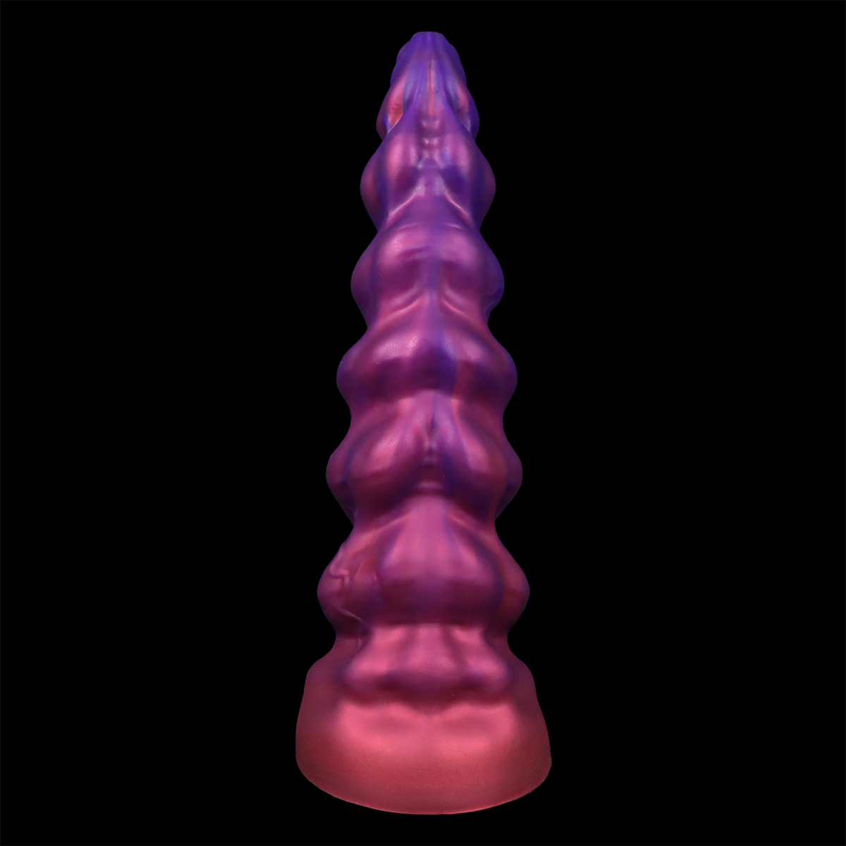 Upright view of the spiral pagoda dildo highlighting the continuous 360-degree stimulation ridges.