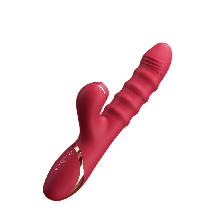 VB5053 App Remote Vibrator in Ruby Red by Dongguan Xishang, featuring a sleek 4-ring stroking shaft and clitoral sucking head on a white background.