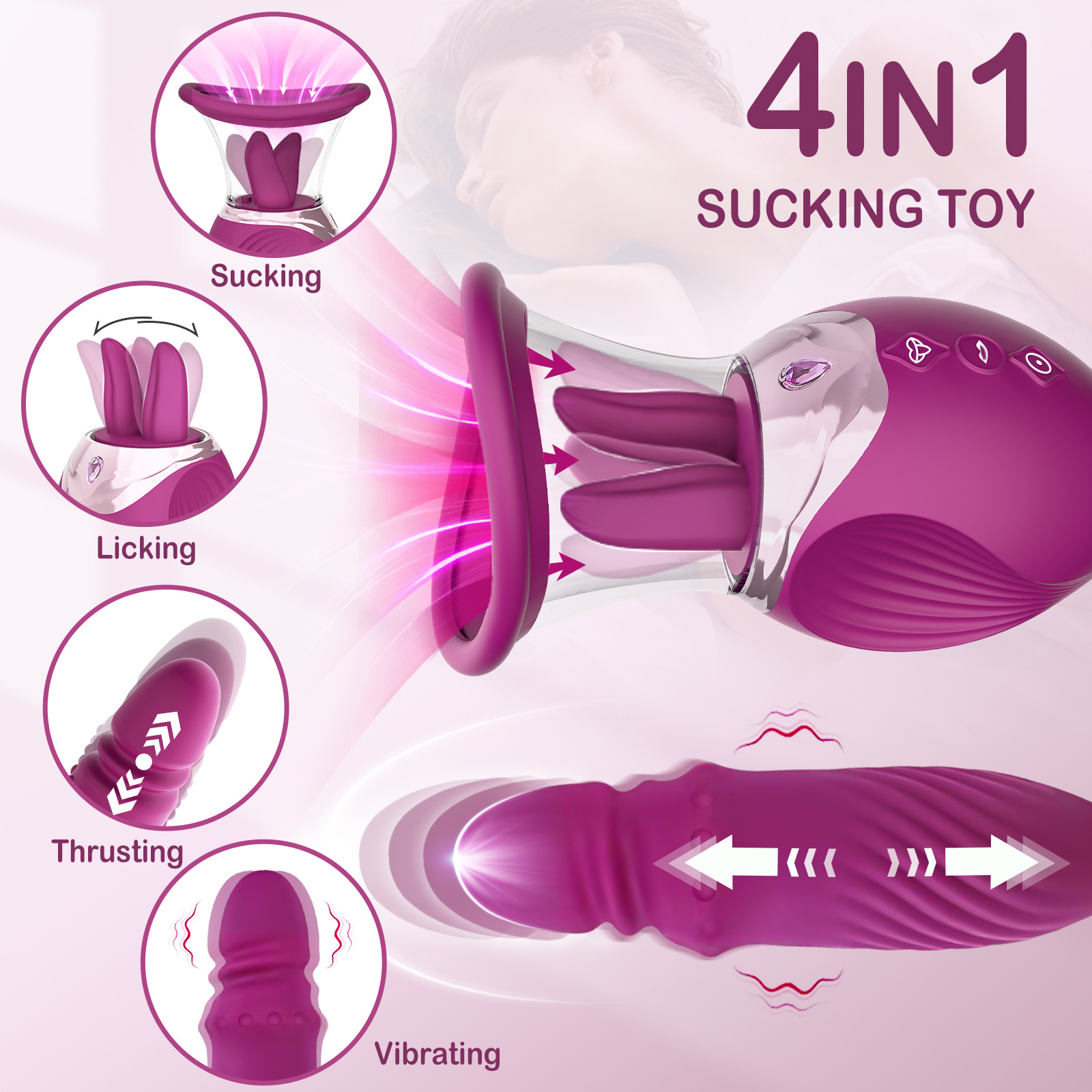VB5172 4-in-1 Rose Vibrator showing sucking licking thrusting and vibration functions
