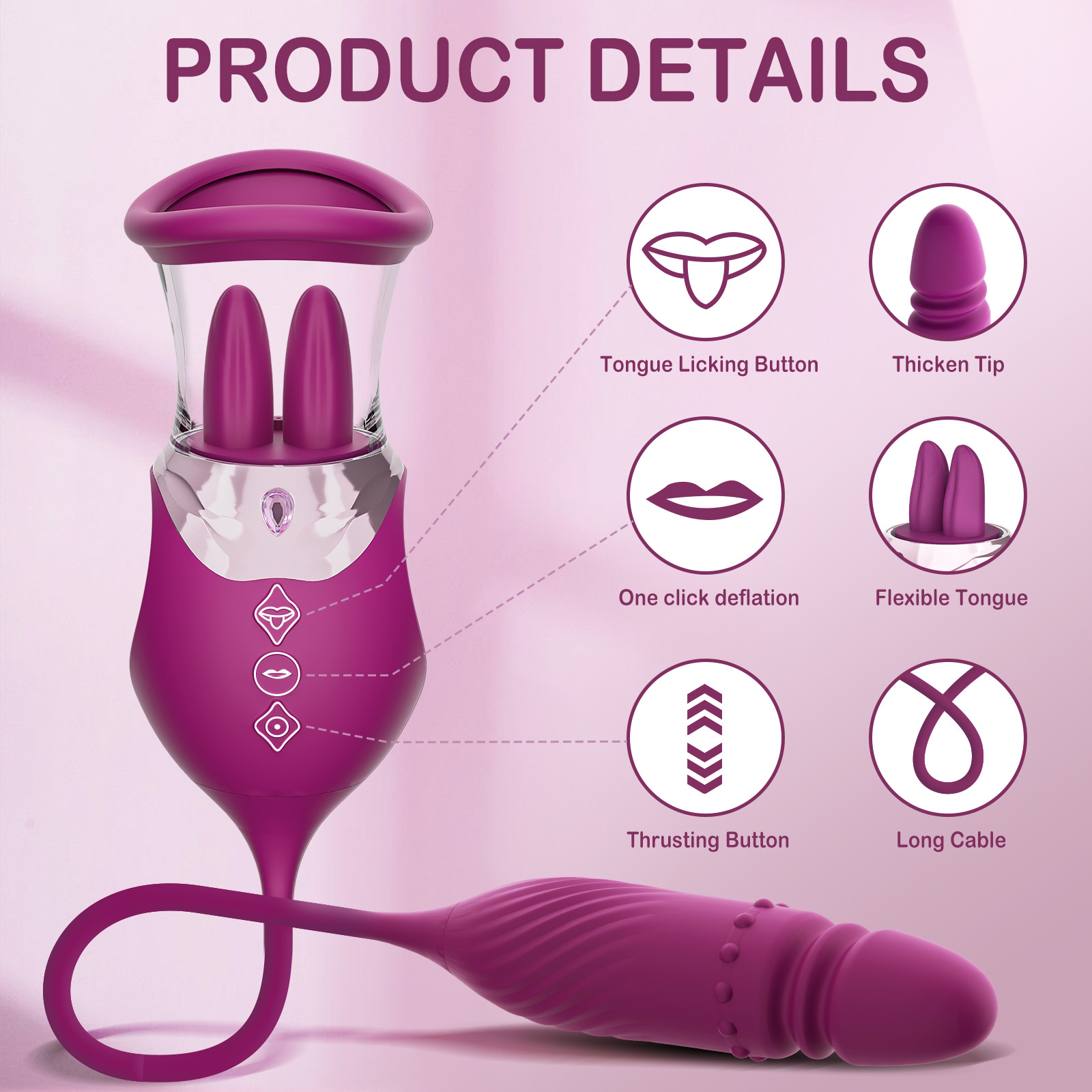 VB5172 4-in-1 Rose Vibrator product details tongue licking thrusting roller and long shaft
