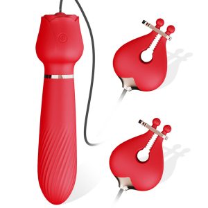 VB5175 Rose Red Breast Clip Nipple Vibrator with suction head and vibrating clamps