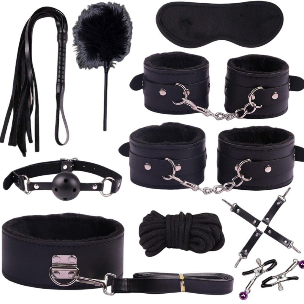 BDSM sex toys showcased, including blindfolds, whips, feather tickles, handcuffs, leg irons, gag collars, chains, bondage ropes, and other black leather sex toys; professional SM bondage sets.