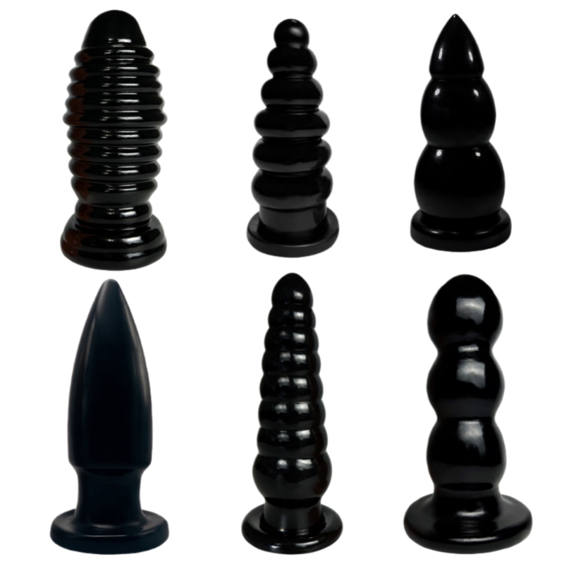 Black silicone anal plugs and anal beads sets are on display, including different sizes of pointed, round, and progressive anal plugs as well as multi-bead anal beads, for adult anal sex toys.
