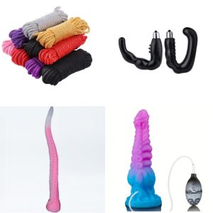 shows silicone dildos, water spray thrusting vibrators, and beginner SM bondage kits.